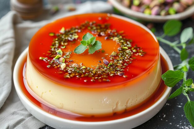 Foto um flan servido com uma pitada de pistachos triturados para mais crocante