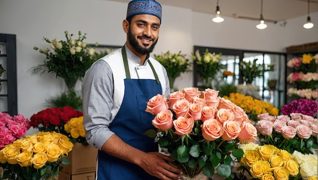 Um florista muçulmano coleta um buquê de rosas, flores recortadas em caixas e vasos em lojas de flores e estantes para venda, entregas para o feriado de primavera, 8 de março, dia de aniversário da mulher.