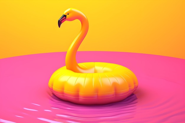 Um flutuador amarelo com um fundo rosa e um flamingo nele.