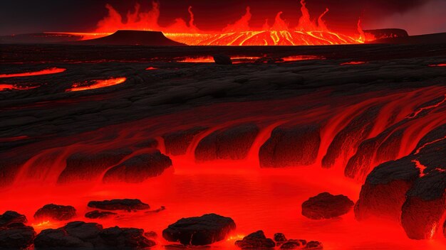 Foto um fluxo de lava brilhante vermelho com uma cachoeira ao fundo