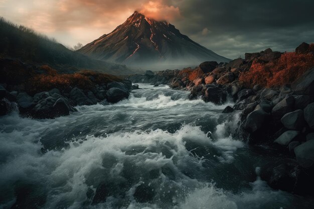 Foto um fluxo de lava de um vulcão flui para um rio