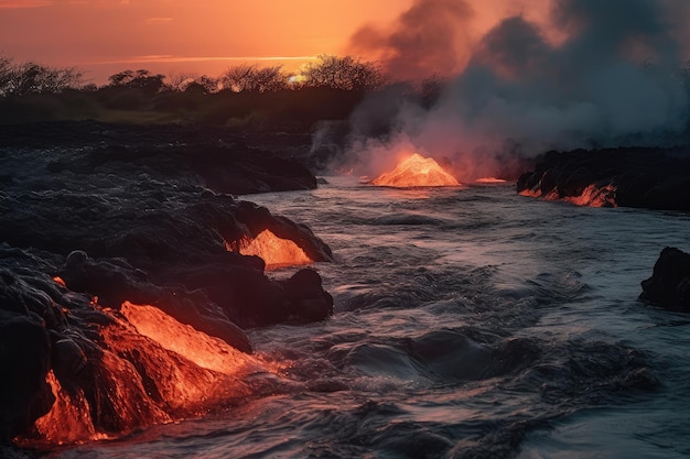 Foto um fluxo de lava de um vulcão flui para um rio