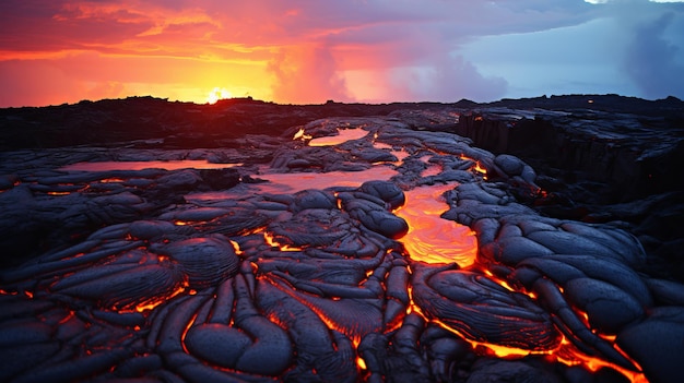 Um fluxo de lava espetacular e inspirador esculpiu seu caminho após uma erupção vulcânica.