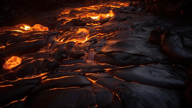 Um fluxo de lava no fundo de uma sala escura é iluminado com a luz que brilha através da lava.