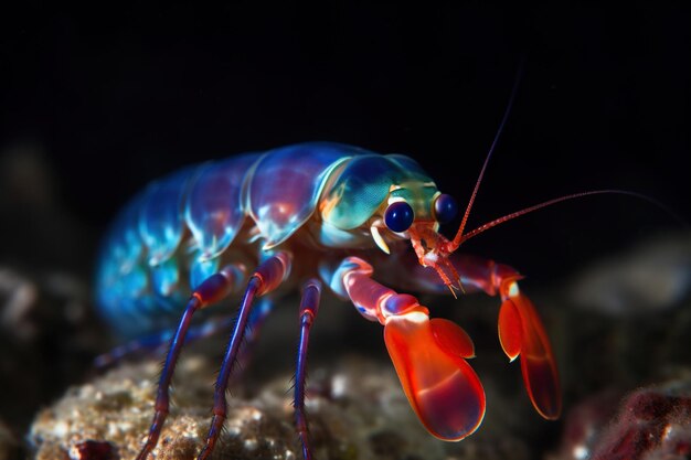 Um foco fotográfico de close-up de camarão mantis com pele colorida sobre ele com fundo escuro de água do mar