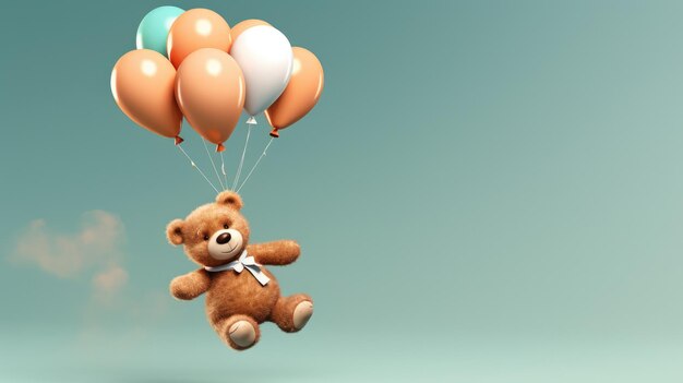 Um fofinho ursinho de pelúcia 3D flutuando serenamente com balões