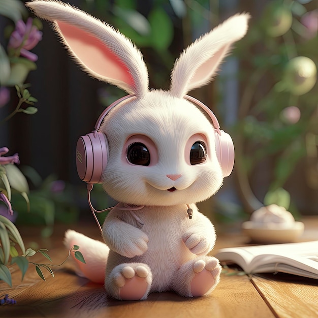 Um fofo e doce estilo pixar, fada branca, bebê, coelho, sorriso doce, pequena flor de pêssego, usando um grande fone de ouvido generat ai