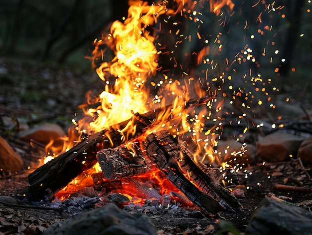 Um fogo está a arder na floresta.