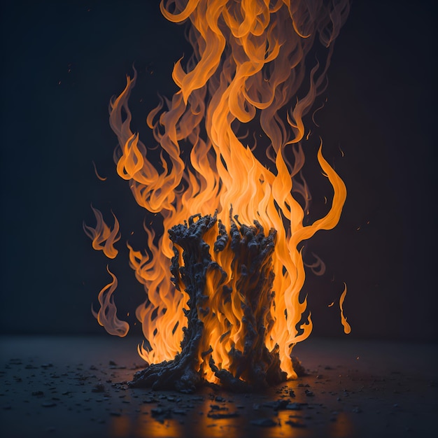Um fogo está queimando no chão e as chamas são laranja.