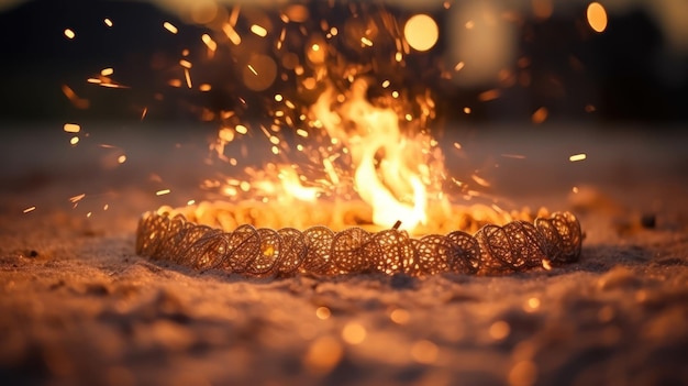 Um fogo queima na areia à noite
