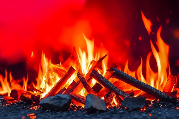 Um fogo queima na frente de um fundo vermelho