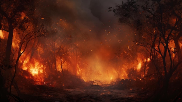 Um fogo queimando através de uma floresta cheia de muitas árvores