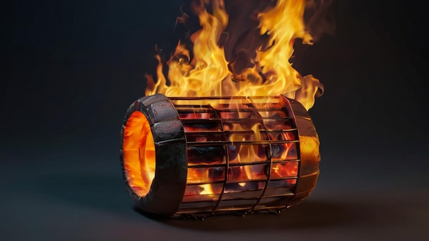 um fogo queimando em um barril com chamas nele