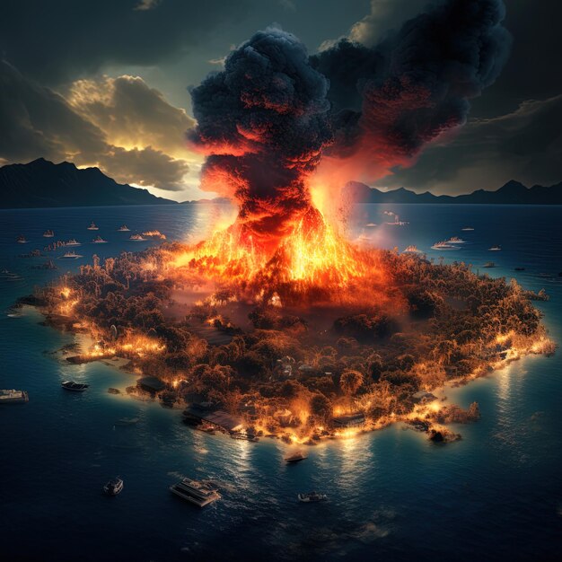 Foto um fogo queimando na água com um vulcão ao fundo