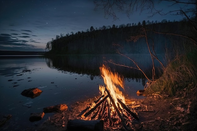 Um fogo queimando perto de um lago sereno com as chamas iluminando a noite escura cria uma imagem visualmente cativante e aconchegante que evoca uma sensação de calor e conforto AI