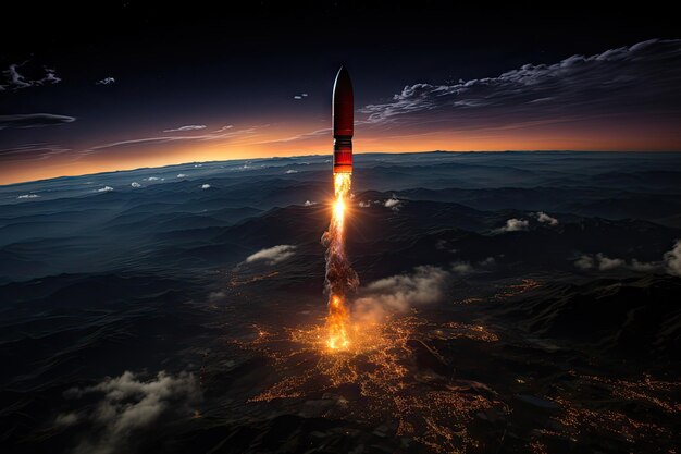 Foto um foguete decolando para o céu noturno com nuvens e estrelas na frente da imagem é tirada de cima