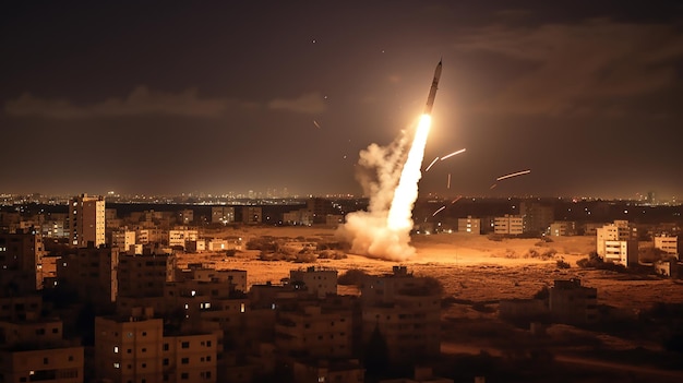 Um foguete é disparado da Faixa de Gaza em direção à cidade de Israel à noite Militantes de Israel e Gaza trocaram tiros na fronteira