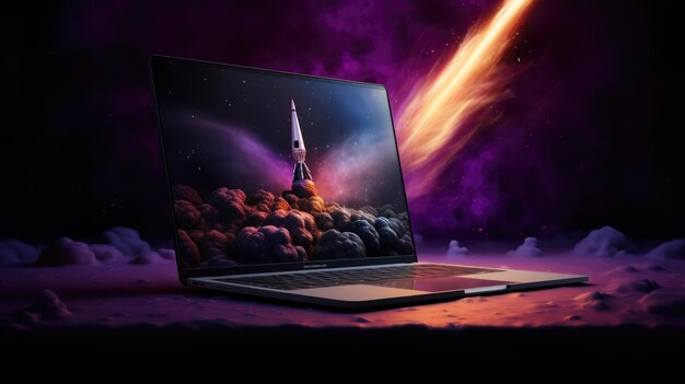 Um foguete emerge dramaticamente de uma tela de laptop emoldurada por um encanto preto e roxo