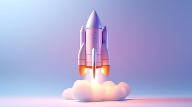 Um foguete espacial 3D de cor pastel a decolar para o céu