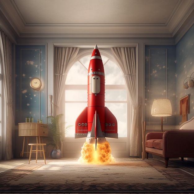 Foto um foguete está a voar na sala.
