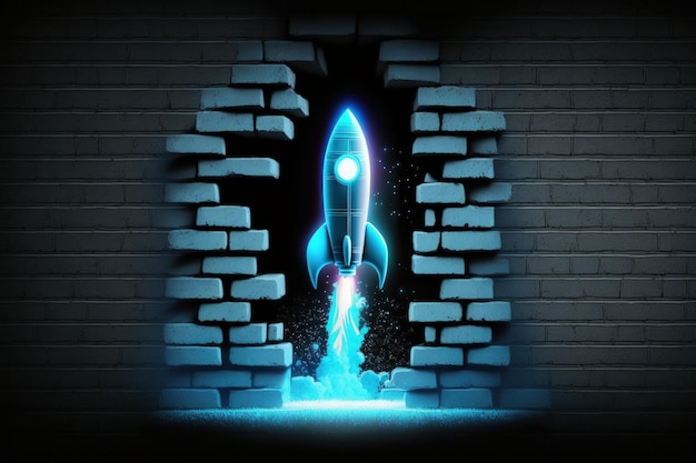 Um foguete está saindo de uma parede de tijolos com uma luz azul sobre ele.