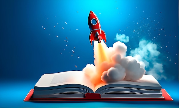 Um foguete sendo lançado de um livro sobre fundo azul com espaço de cópia