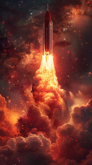 Um foguete vermelho de fogo a lançar-se para o espaço