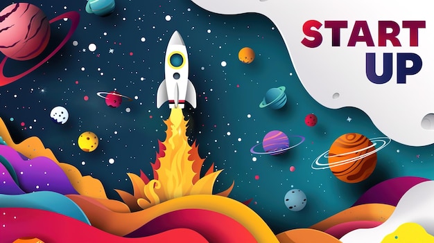 Um foguete viajando através dos planetas iniciar o conceito de design de bandeira modelo de papel ilustração e papel 3d