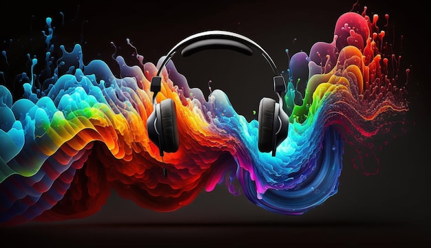 Um fone de ouvido colorido arco-íris com um fundo preto