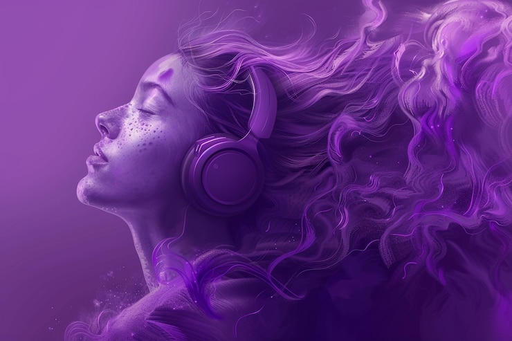 Foto um fone de ouvido com notas de música e uma faixa na cabeça em um fundo roxo