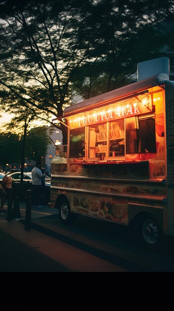 Foto um food truck com a palavra praia ao lado.