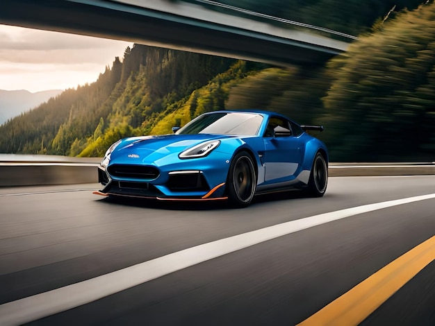 Um ford gt 2020 azul está dirigindo em uma estrada.