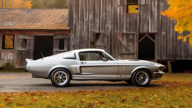 Um Ford Mustang prateado com a palavra Ford na lateral.