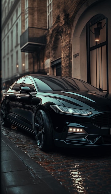 Um ford sedan preto estacionado em uma rua de paralelepípedos.