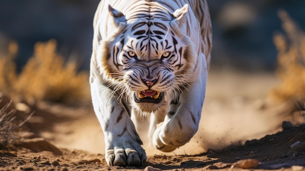 Um formidável tigre branco em uma postura agressiva, sua expressão feroz indica o modo de ataque