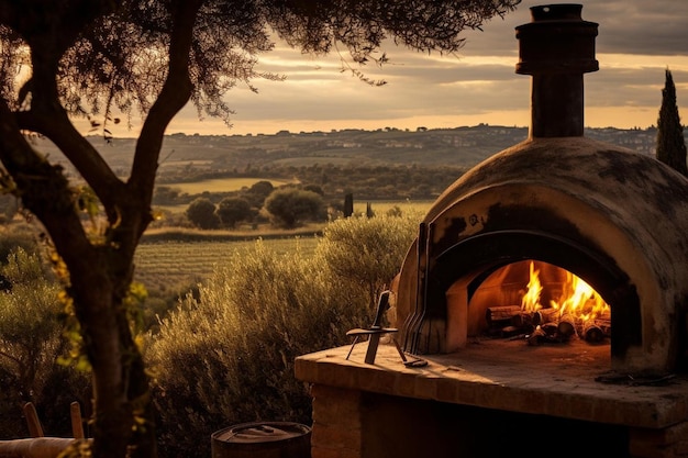 Um forno de pizza cercado de vinhas na Toscana