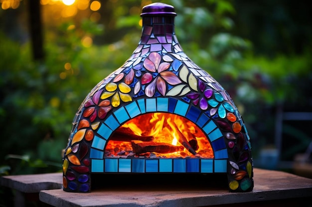 Um forno de pizza tradicional adornado com azulejos de mosaico