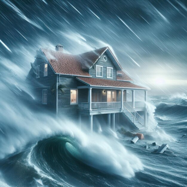Um forte furacão destrói uma casa privada.