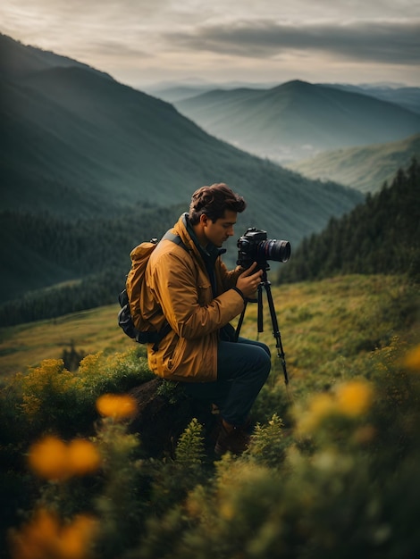 Um fotógrafo com câmera capturando a imagem da natureza