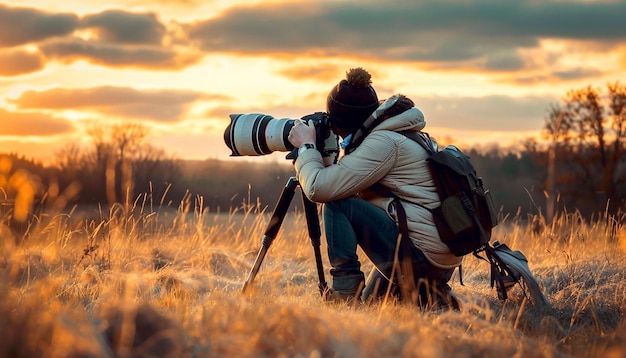 Um fotógrafo com uma câmera grande e uma lente longa tira fotos no Dia Mundial da Fotografia