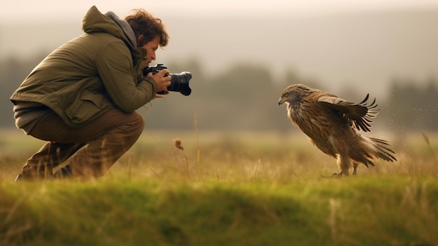 Um fotógrafo da vida selvagem capturando um momento fugaz de um animal em movimento mostrando sua graça