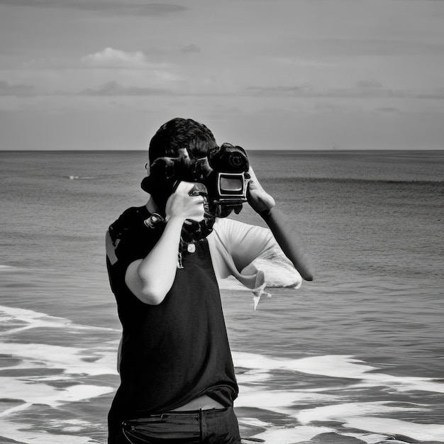 Um fotógrafo em uma praia com uma velha câmera em tons de cinza