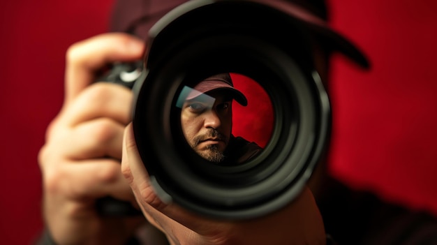 Foto um fotógrafo está tirando uma foto de si mesmo em frente a um fundo vermelho a lente da câmera está refletindo a imagem do fotógrafo