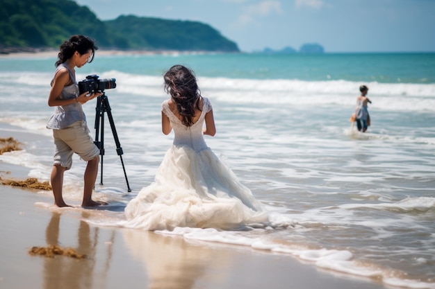 Um fotógrafo tira fotos de uma noiva na praia