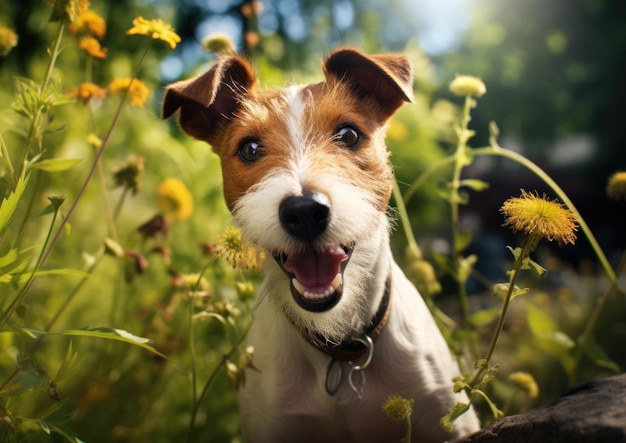 Um Fox Terrier com um sorriso travesso, sugerindo sua natureza lúdica