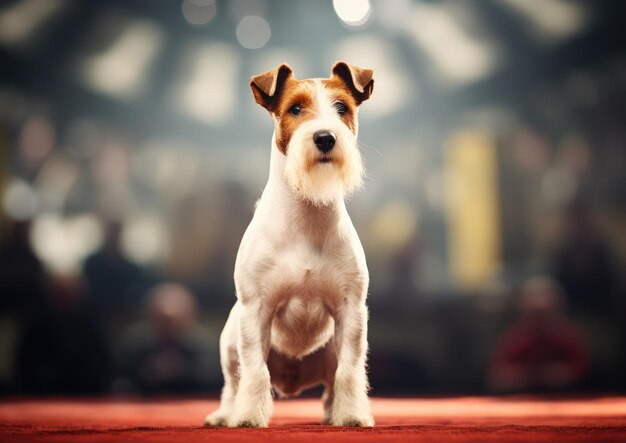 Um Fox Terrier fazendo uma pose majestosa durante uma exposição canina de conformação