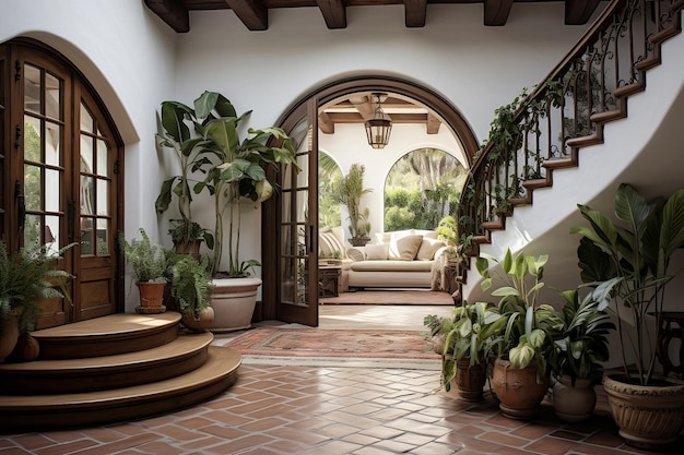 Um foyer com uma escada e vasos de plantas AI