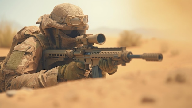 Um franco-atirador escondido em equipamento de camuflagem em meio a uma tempestade de areia GERAR IA