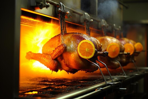 Foto um frango assado está sendo cozido em um forno