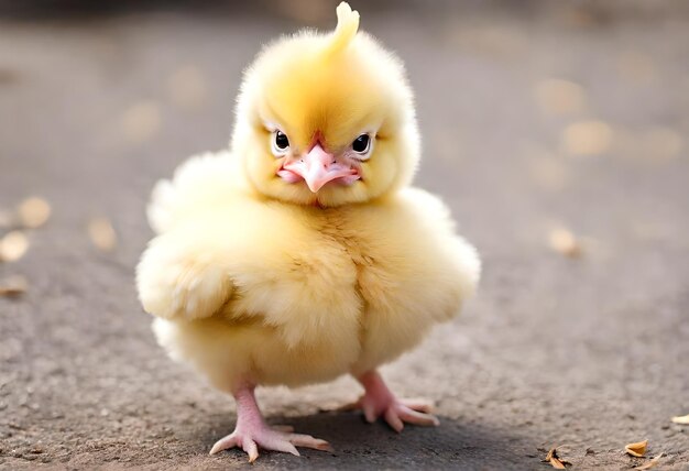 um frango bebê amarelo com um bico amarelo na cabeça